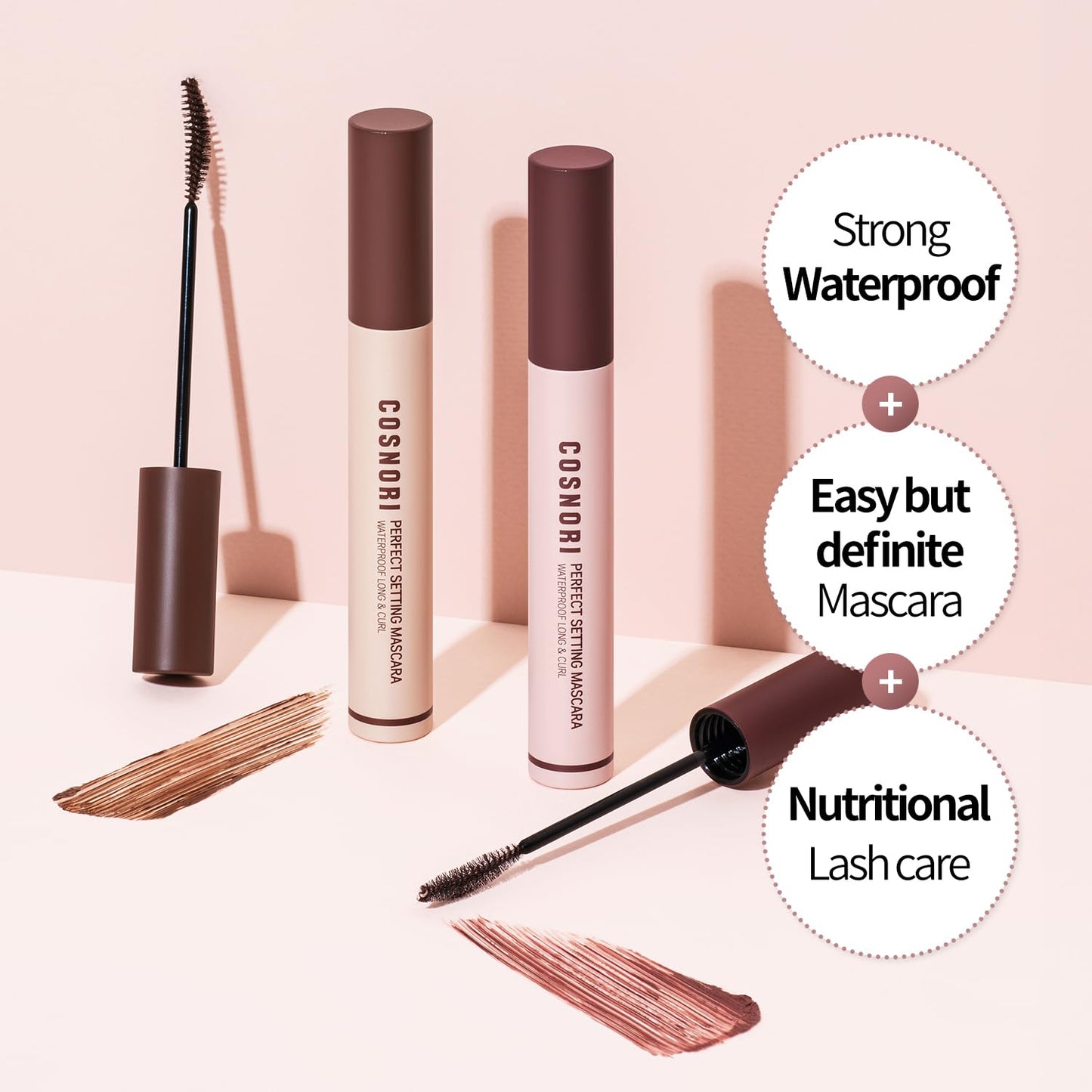 COSNORI Perfect Setting Waterproof Mascara Long&Curl 02 Cozy Brown – Long-Lasting Smudge - Brown Mascara - Korea Waterproof, Long lash, Strong fixing, Silk Amino Acids - 0.23fl oz (7ml)