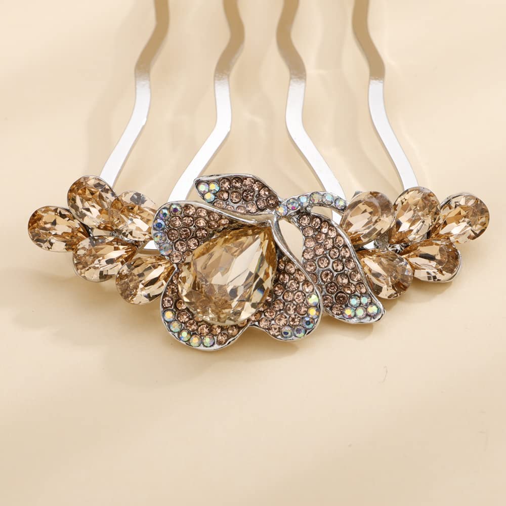 Aimimier Dainty Crystal Flower Hair Comb Sparkly Rhinestone Inlaid Hair Side Combs Long Teeth Hair Accessories for Women and Girls(Champagne)