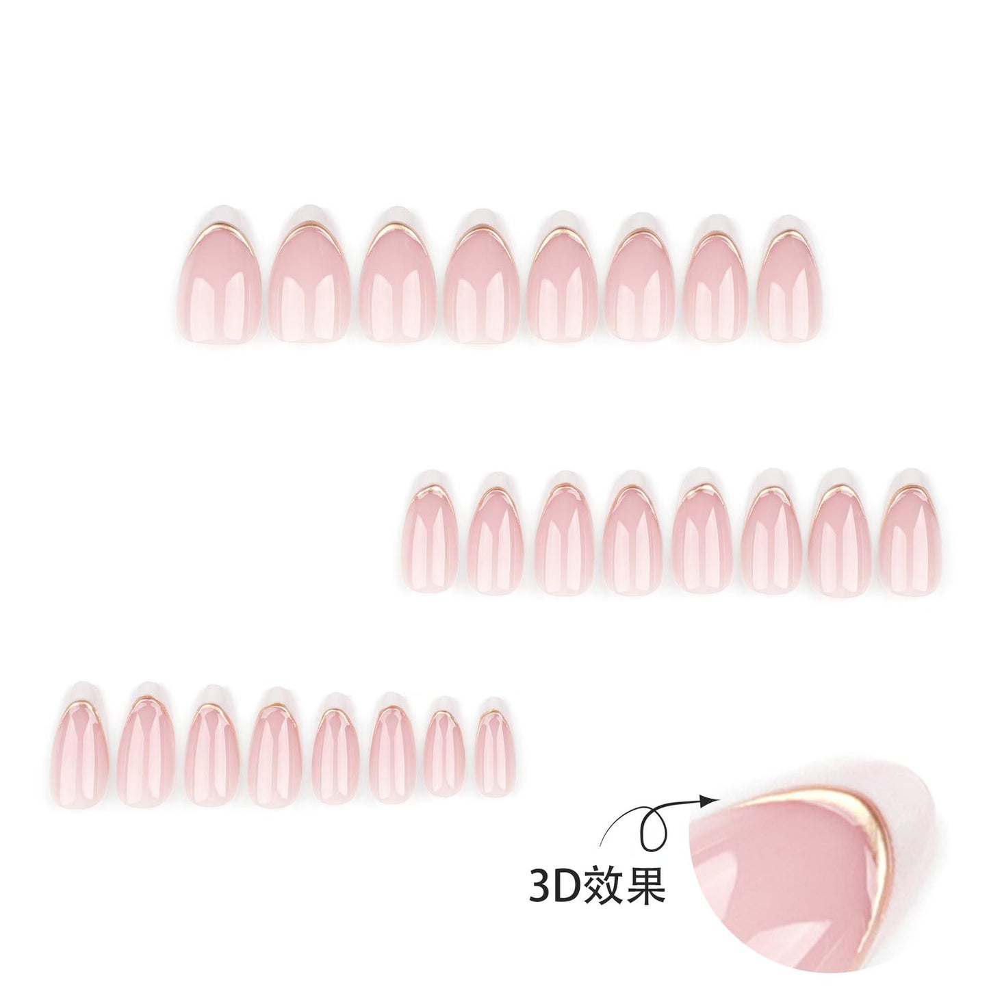 White French Tip Press On Nails - Medium Almond Shape, Nude Glossy Finish with 3D Gold Stripes Design, 24pcs Full Cover Stick On False Nails for Women's Manicure