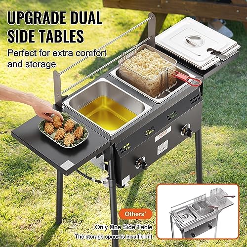 VEVOR Outdoor Propane Deep Fryer, Double Burners Commercial Fryer, 16 Qt Stainless Steel Cooker with Removable Baskets & Lids & Tanks, Oil Fryer Cart with Thermometer & Regulator, For Outdoor Cooking