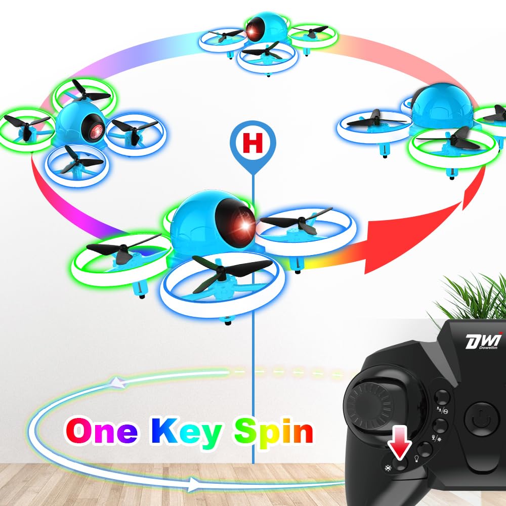 Dwi Dowellin Mini Drone for Kids, 4.9 Inch Small Flying Toys Drones with LED Light One Key Take Off Spin Flips RC Mini Drones Nano Quadcopter Long Flight Time Drones for Beginners and Adults, Blue