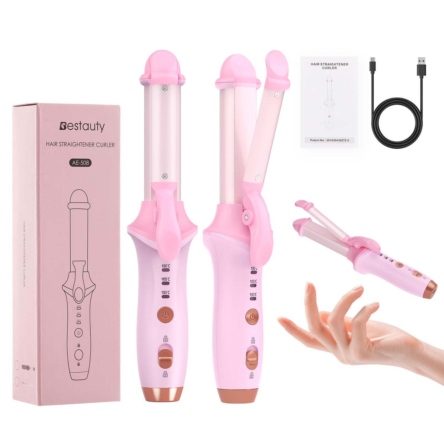 Bestauty Small Cordless Curling Iron 1 inch, Mini Dual Purpose Curling/Flat Iron - Hair Straightener and Curler 2 in 1, Rechargeable Wireless Travel Hair Curling Iron for Short Hair (Pink)