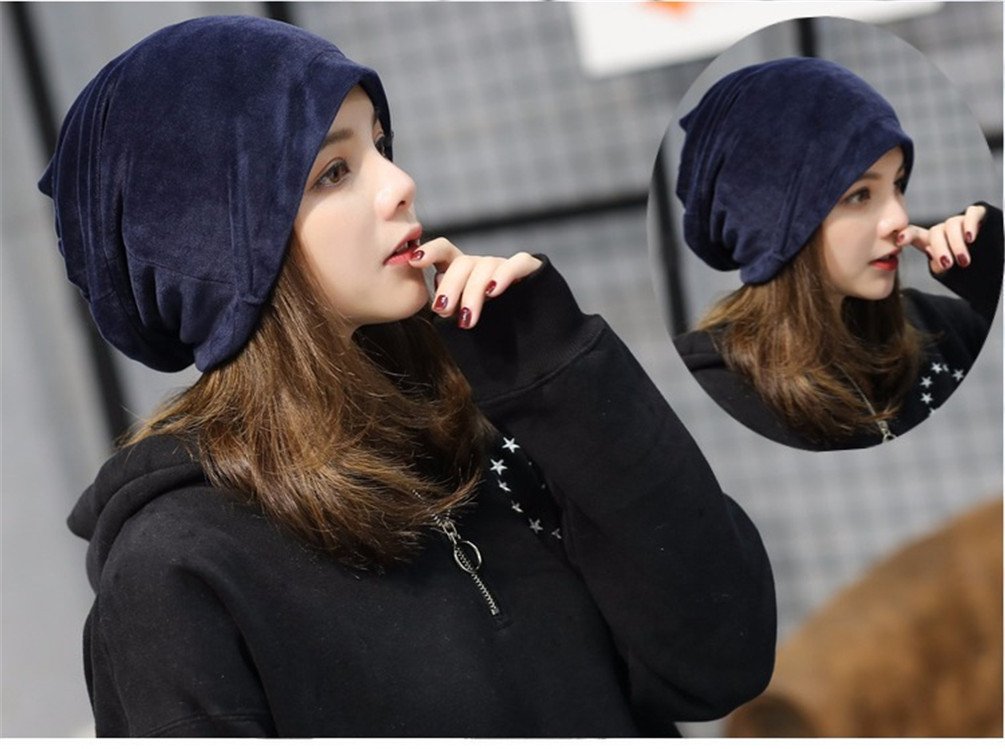 UbdehL Women's Velvet Beanie Winter Korean Fashion Hats Cap Warm Stretch Headwear Soft Skull (Navy Blue,One Size)