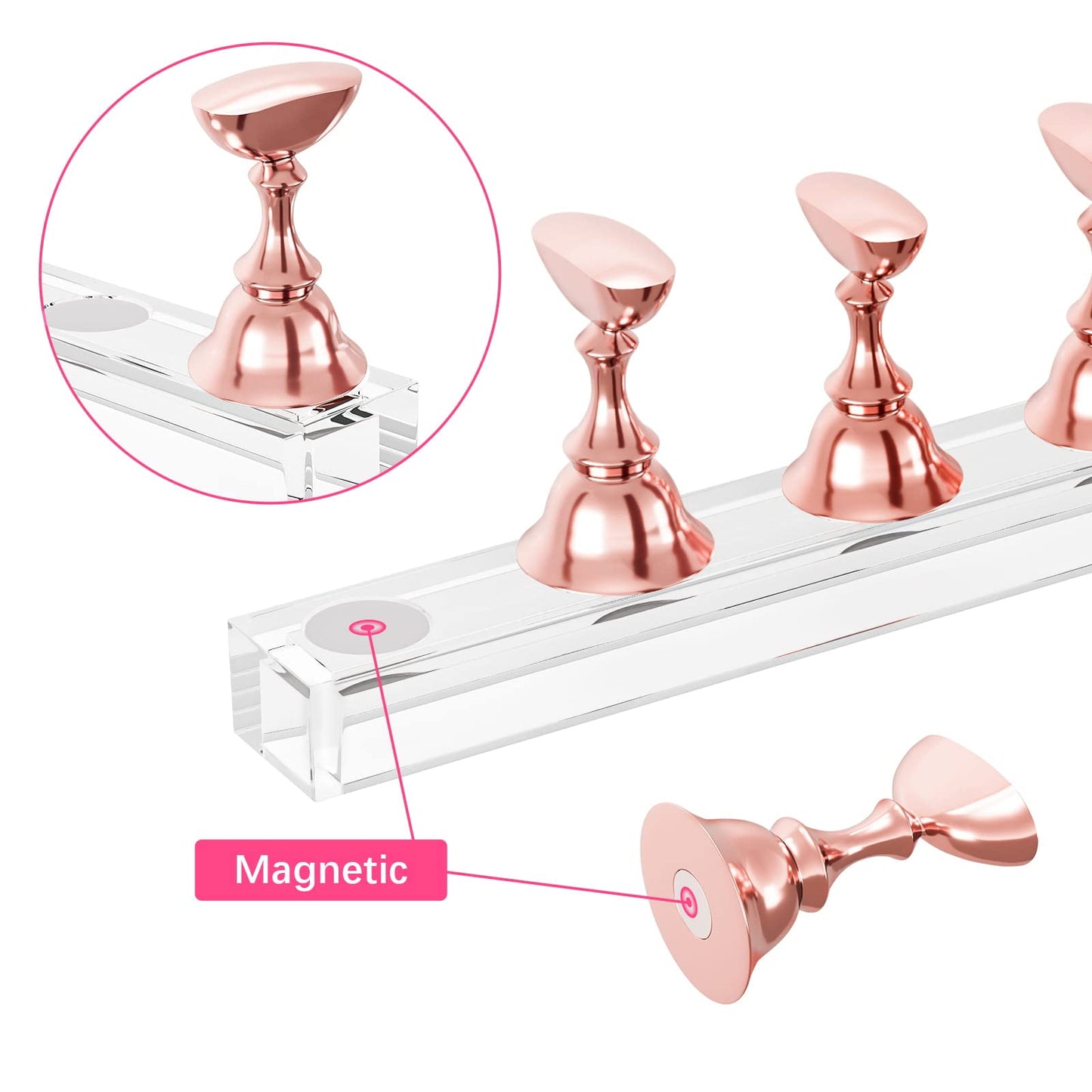 Nail Stand Acrylic Nail Art Display Stand Magnetic Nail Tips Practice Holder 54 Pcs Reusable Adhesive Putty for DIY Painting Nails Stand kit (Rose Gold)