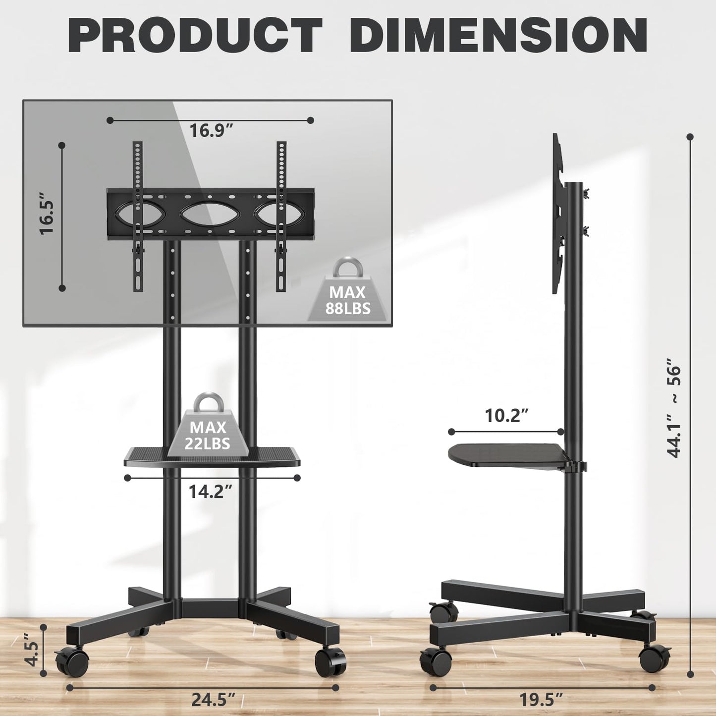 Mobile TV Stand with Upgraded Wheels for 32-75 Inch TVs up to 88 lbs, Height Adjustable Rolling TV Stand with Laptop Shelf, Mobile TV Cart with Heavy Duty Structure for Living Room, Patio, Office