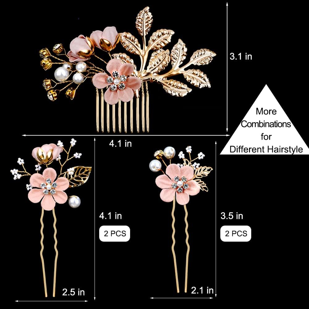 5 PCS Bridal Flower Wedding Hair Pins Crystal Pearl Hair Clips Headpiece Gold Wedding Hair Accessories Jewelry with Rhinestone for Brides Bridesmaids Women Girls Updo(Cherry Blossoms Pink)
