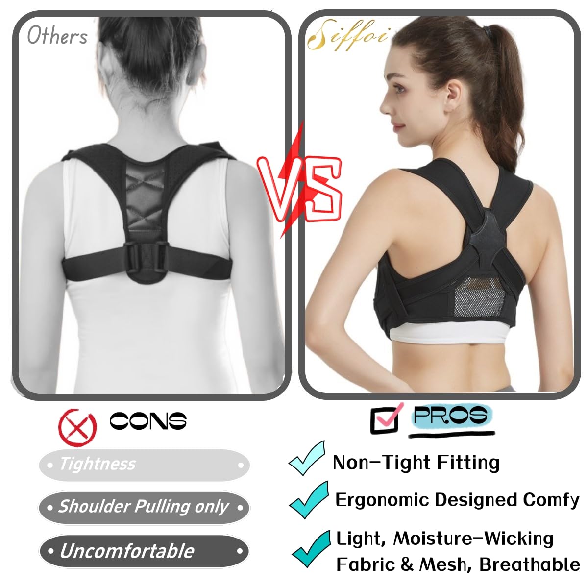 SIFFOI Posture Corrector for Women, 3rd Gen. Adjustable Back Support with Shoulder Brace, Back Straightener and Pain Relief for Men, Black (Small/Medium)