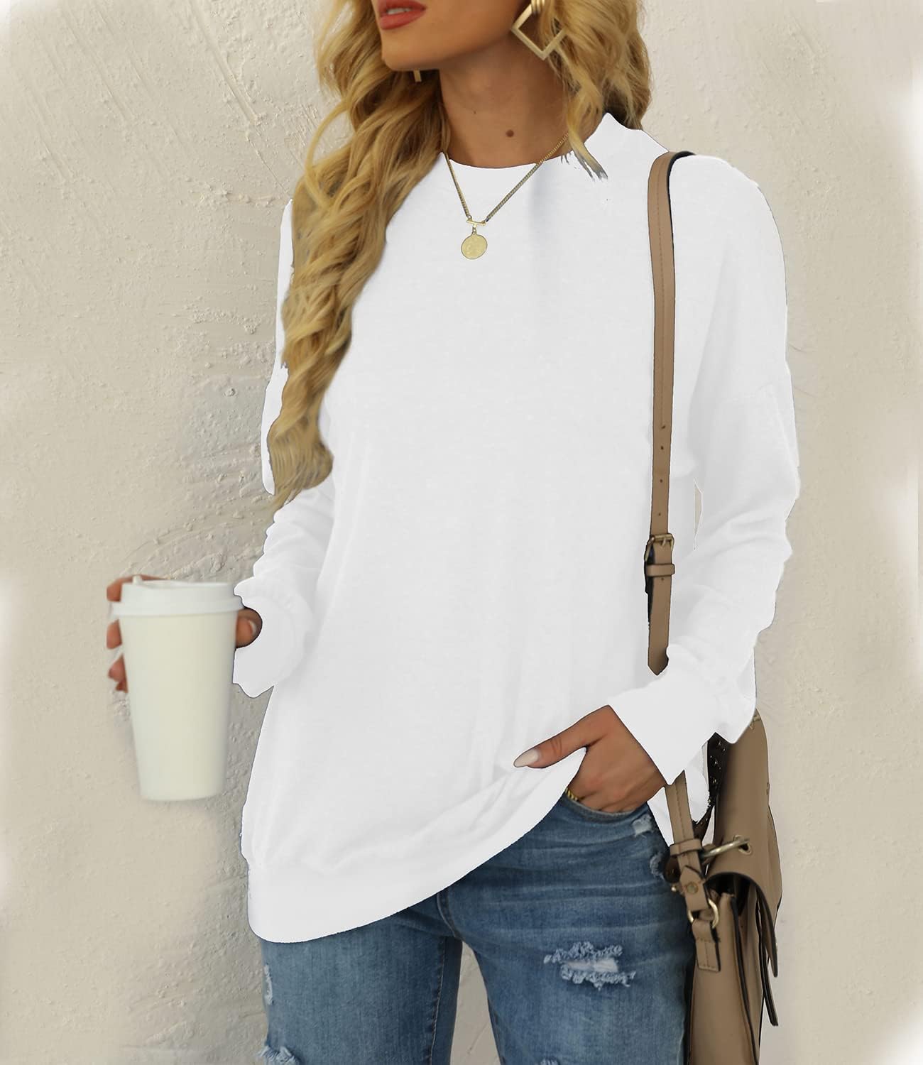 BEUFRI Sweatshirts for Women for Leggings Long Sleeve Fall Top Winter Sweaters White 2XL