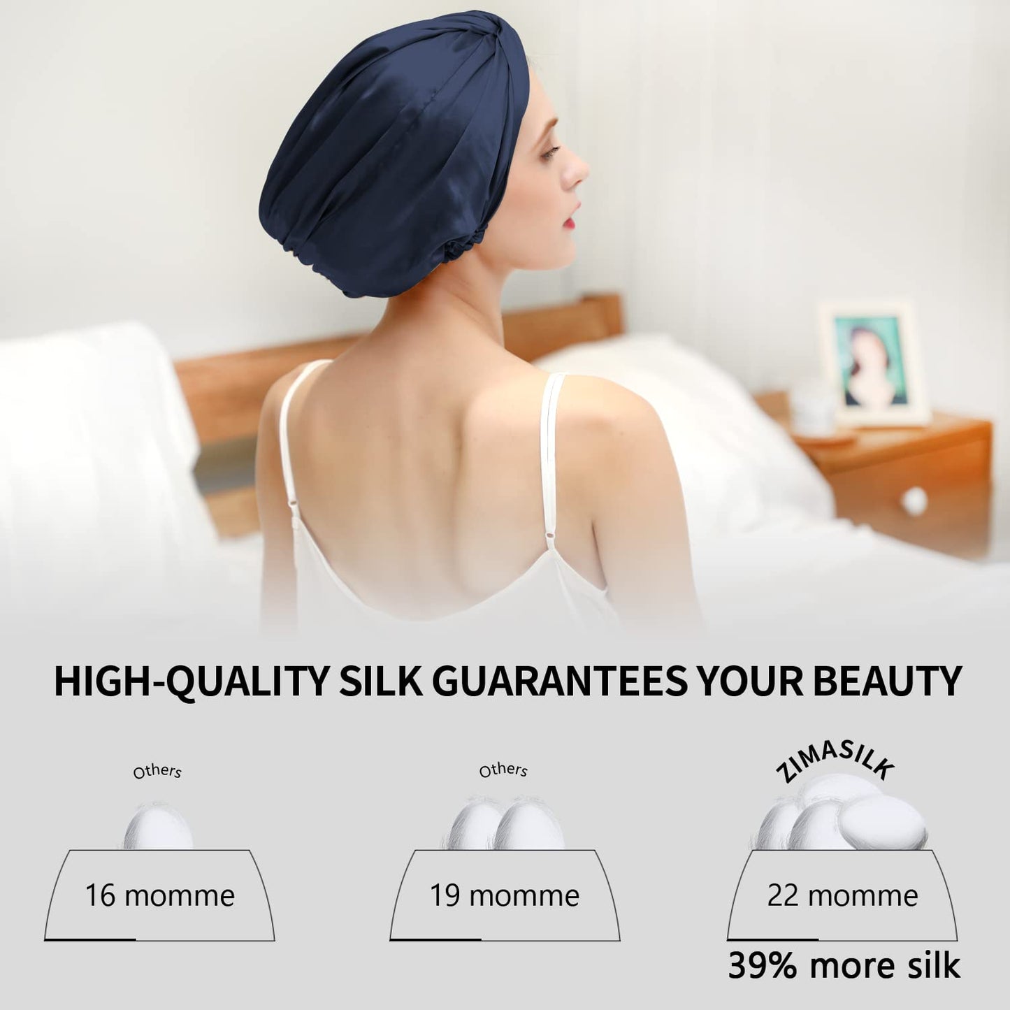 ZIMASILK 22 Momme 100% Mulberry Silk Bonnet for Sleeping & Women Hair Care, Highest Grade 6A Silk hair wrap for sleeping with Premium Elastic Stay On Head (1Pc, Navy Blue)