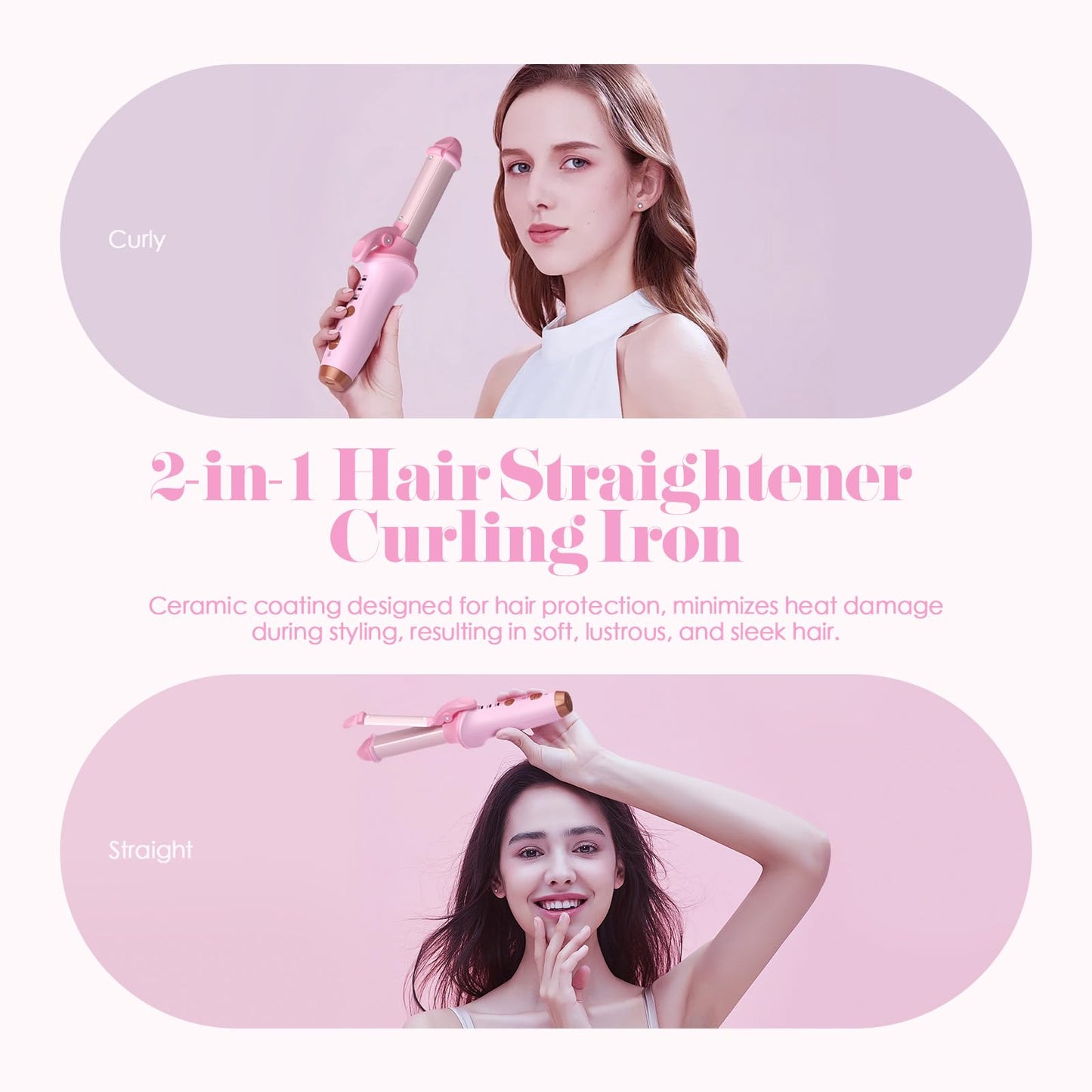 Bestauty Small Cordless Curling Iron 1 inch, Mini Dual Purpose Curling/Flat Iron - Hair Straightener and Curler 2 in 1, Rechargeable Wireless Travel Hair Curling Iron for Short Hair (Pink)