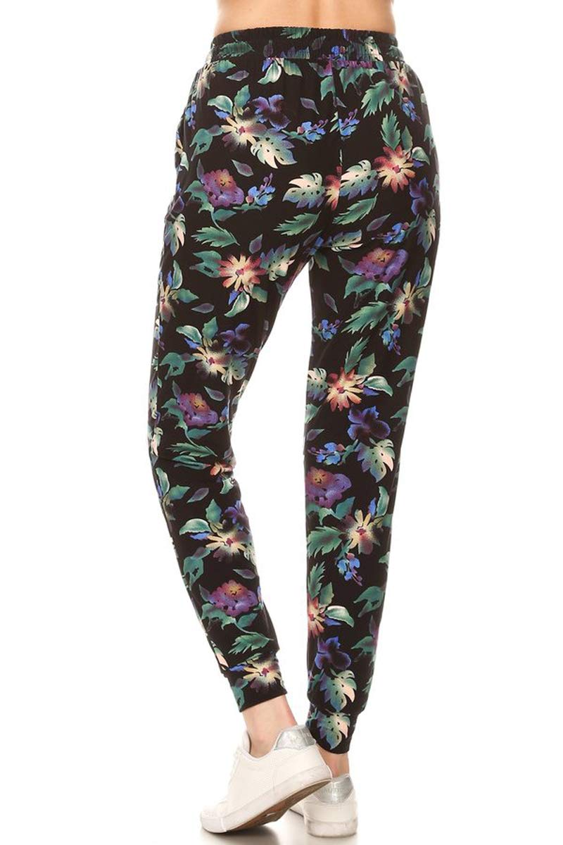 Leggings Depot JGA-R509-M Rainforest Flower Print Jogger Pants w/Pockets, Medium