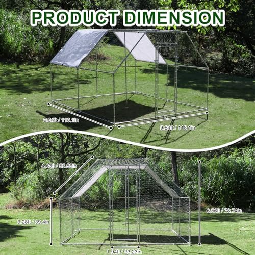 Large Metal Chicken Coop Run with Climbing Frame, Outdoor Walk-in Poultry Cage Flat Top with Waterproof&Anti-UV Cover, for Outdoor Backyard Farm, Silver (118" L x 118" W x 78.7" H)