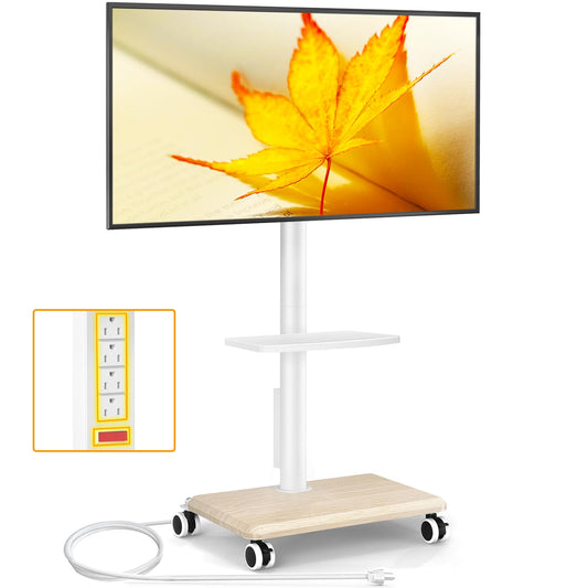 5Rcom Rolling TV Stand with Power Outlet for 32-60 inch TVs, Swivel and Height Adjustable Mobile TV Stand with Shelf, Strong TV Cart on Wheels up to 88 lbs for Living Room, Bedroom and Office, White