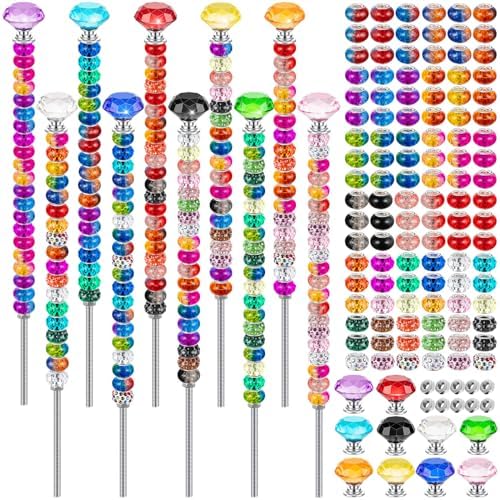 230 Pcs Beaded Garden Stakes, DIY Fairy Wand Garden Stake Beads Kits with 200 Colorful Assortment Round Large Hole Beads with 10 Crystal Stopper Top, 10 Threaded Rod and 10 Nuts for Outdoor Decoration