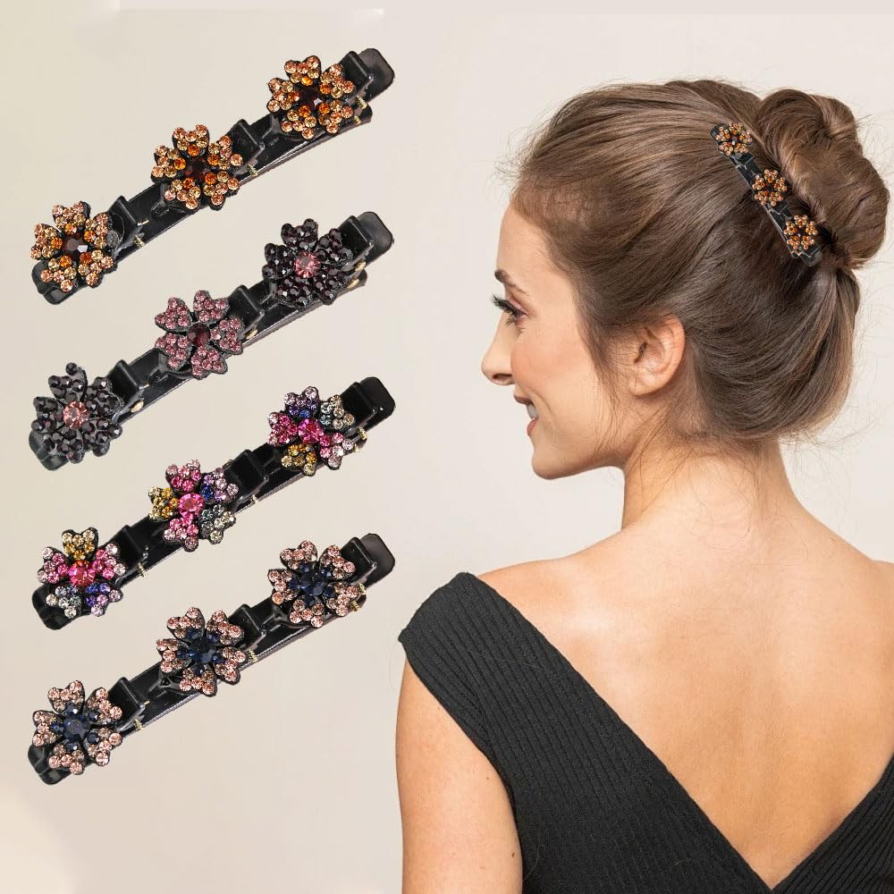 Sparkling Crystal Stone Braided Hair Clips, Women's and Girls' Duckbill Clips (Flower-D)