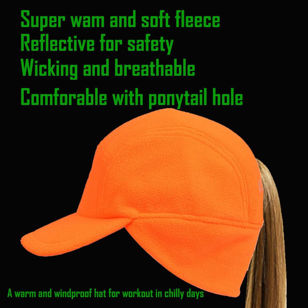 FETHAR Womens Athletic Winter Hat with Ponytail Hole - Fleece Running Hat for Womens (Blaze Orange, Large)