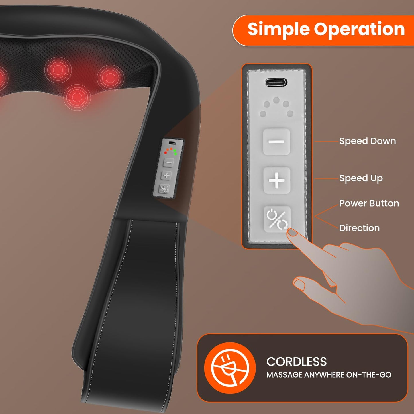 AMZPONY® Cordless Neck Massager for Pain Relief Deep Tissue, Rechargeable Shiatsu Neck and Back Massager Portable Kneading Shoulder Massage for Body Muscle Pain Relief,Gifts for Dad Mom Friends