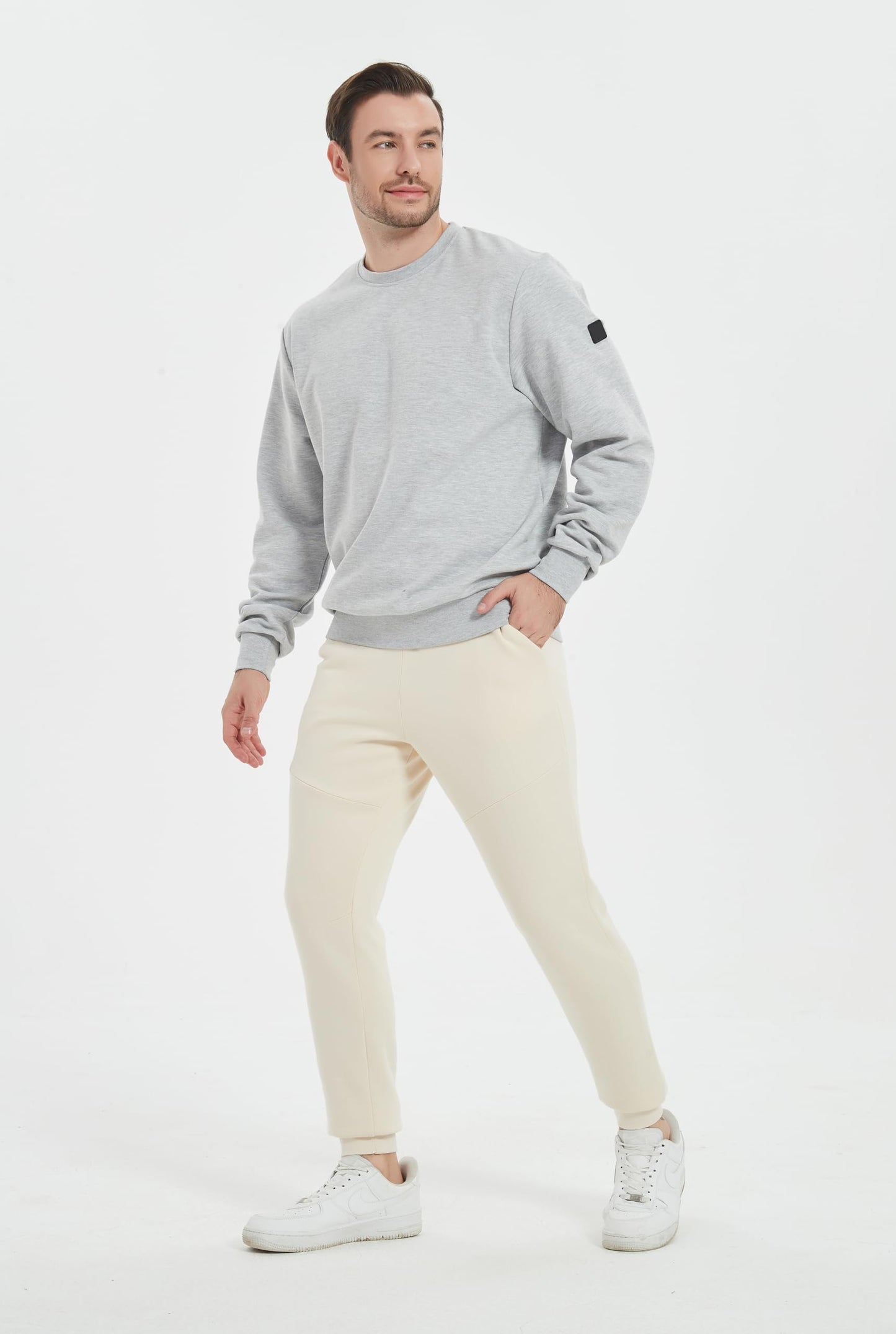 Tronjori Men's High Waisted Fleece Sweatpants Fall Winter Athletic Jogger Pants Lounge Trousers Elastic Waistband(S,Beige)