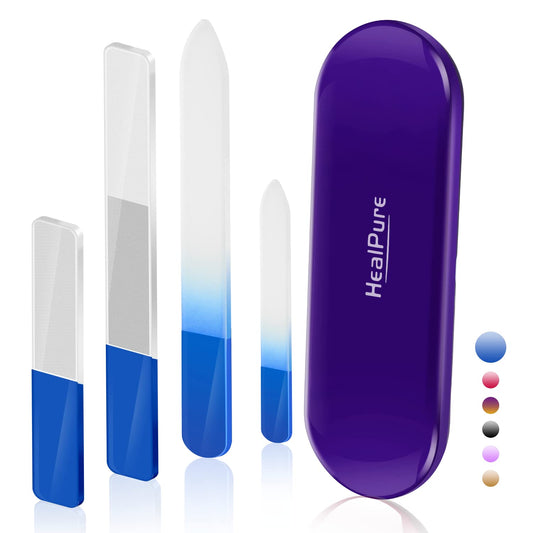 Glass Nail File and Nail Shiner, 4PC Crystal Nail File and Nano Glass Nail Buffer, Premium Set with Case, Professional Manicure Tool Fingernail Czech File for Natural Nail, Gift for Women and Girls