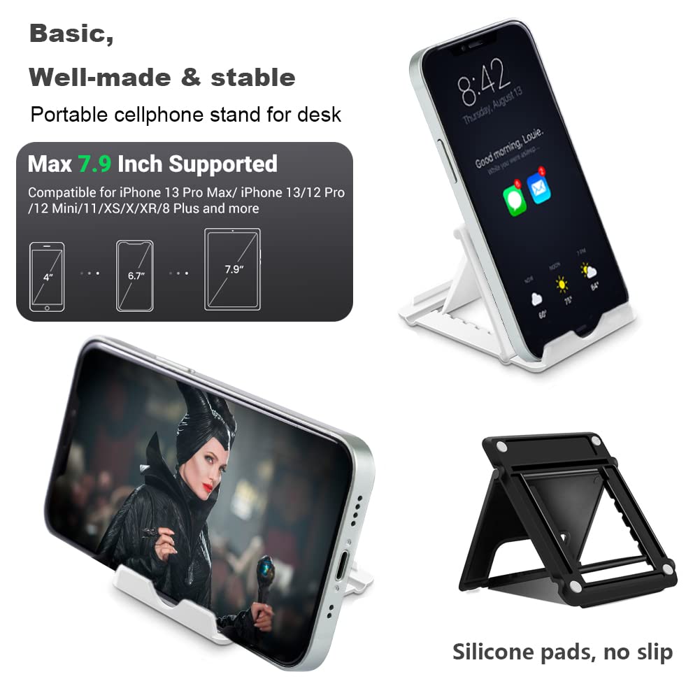 Kemoxan 2 Pack Portable Cell Phone Stand Holder for Desk, Foldable Pocket-Sized Mount, Universal Adjustable Desktop Mobile Phone Kickstand Compatible with iPhone IPads Kindle Android Black & White