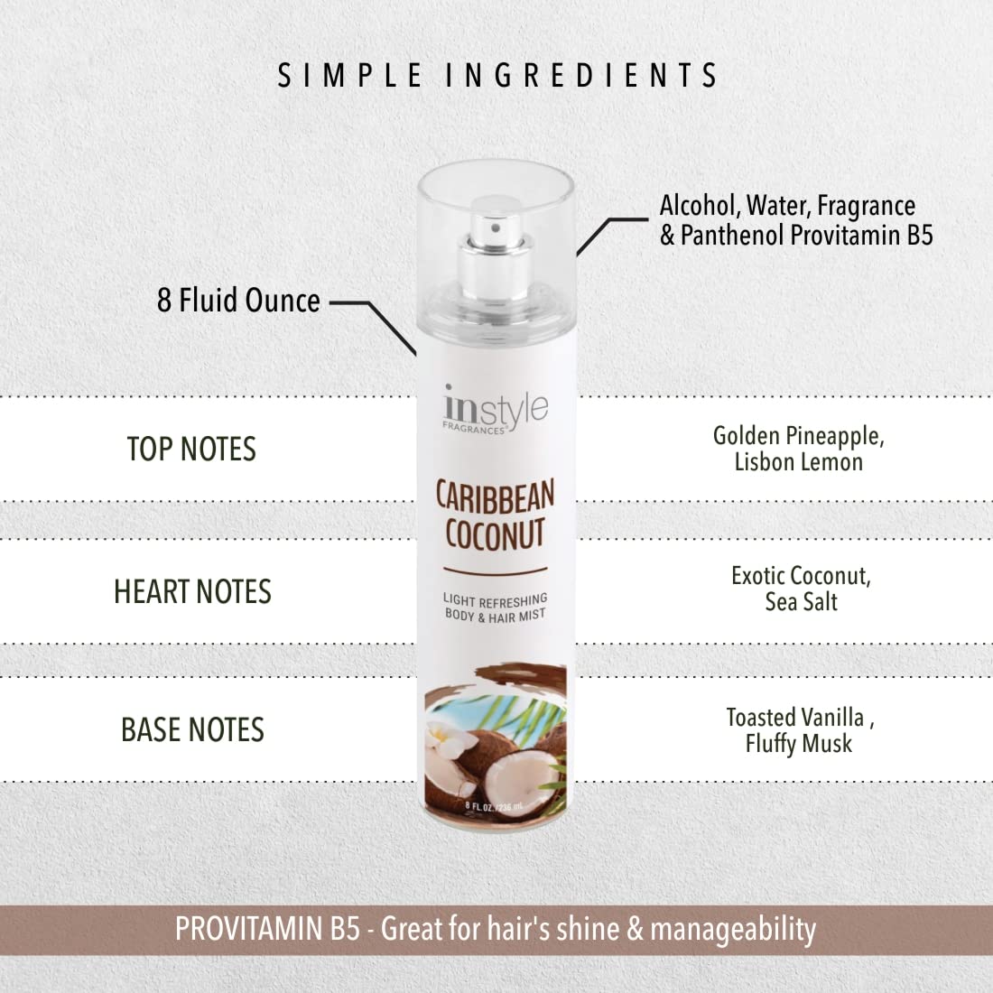 Instyle Fragrances | Body & Hair Mist | Caribbean Coconut Scent | With Panthenol | CLEAN, Vegan, Paraben Free, Phthalate Free | Premium 8 Fl Oz Spray Bottle