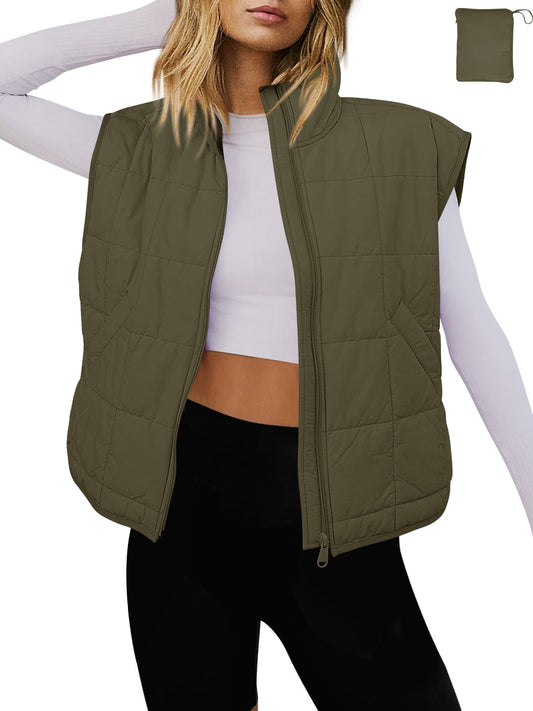 LAMISSCHE Womens Puffer Vest Winter Lightweight Quilted Jackets Sleeveless Zip Up Fall Outfits Puffy Running Coat(Army Green,XL)
