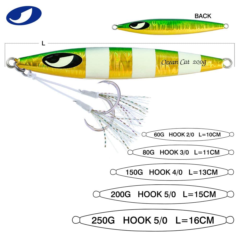 OCEAN CAT 1 PC Lead Metal Flat Slow Fall Pitch Fishing Jigs Lures Sinking Vertical Jigging Bait with Butterfly Hook for Saltwater Fishing (Silver, 250g)