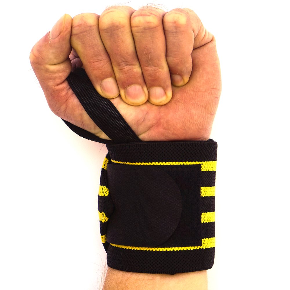 WOD Nation Wrist Wraps for Weightlifting, 18” Professional Gym Wrist Straps w/Thumb Loop for Men & Women, Wrist Support Wraps for Strength Training, Powerlifting & Bodybuilding (Black/Yellow)