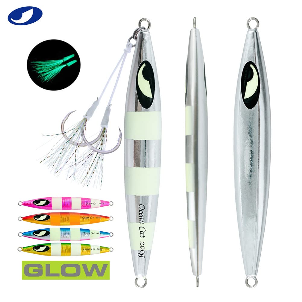 OCEAN CAT 1 PC Lead Metal Flat Slow Fall Pitch Fishing Jigs Lures Sinking Vertical Jigging Bait with Butterfly Hook for Saltwater Fishing (Silver, 250g)