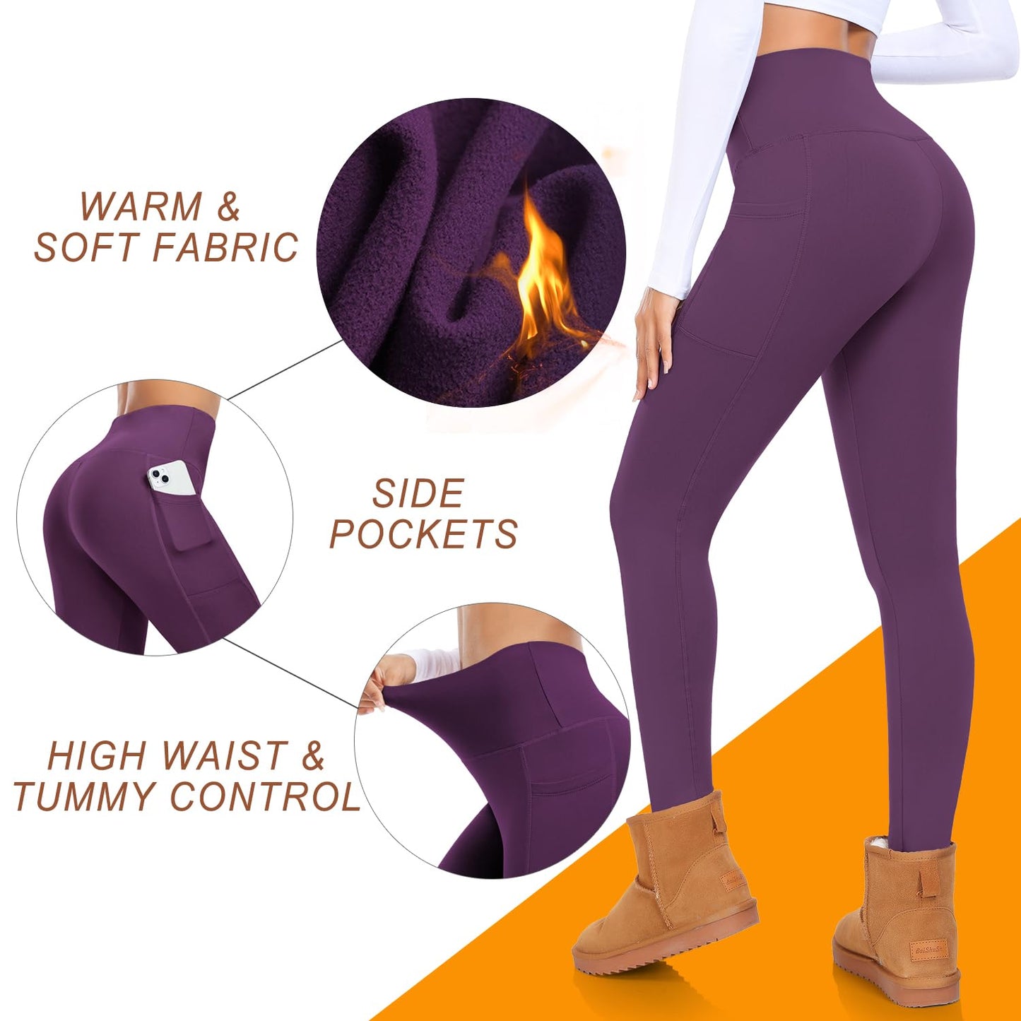 MOREFEEL Fleece Lined Leggings with Pockets for Women High Waisted Thermal Winter Tummy Control Yoga Pants Workout Tights Purple