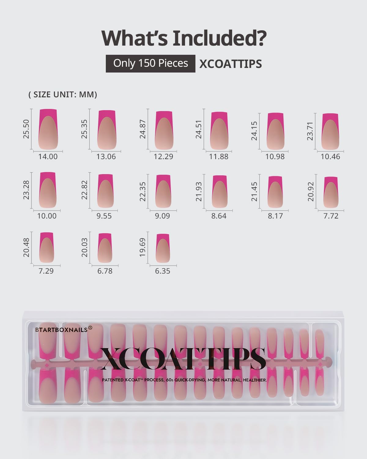BTArtboxnails XCOATTIPS Pink French Tip Press On Nails - Long Press On Nails Square, Soft Gel Nail Tips, 150Pcs Soak Off Acrylic Brown Fake Nail Extension in 15 Sizes