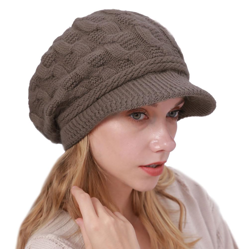 Kangqifen Women Winter Warm Knit Hat Fleece Lined Snow Ski Cap with Visor Khaki