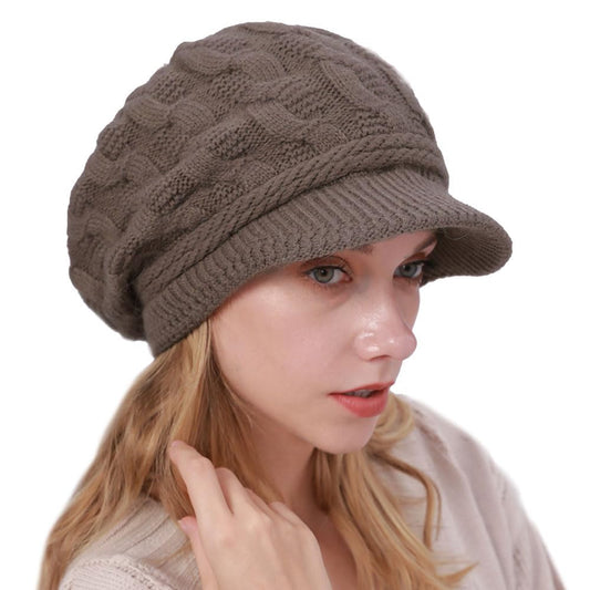 Kangqifen Women Winter Warm Knit Hat Fleece Lined Snow Ski Cap with Visor Khaki