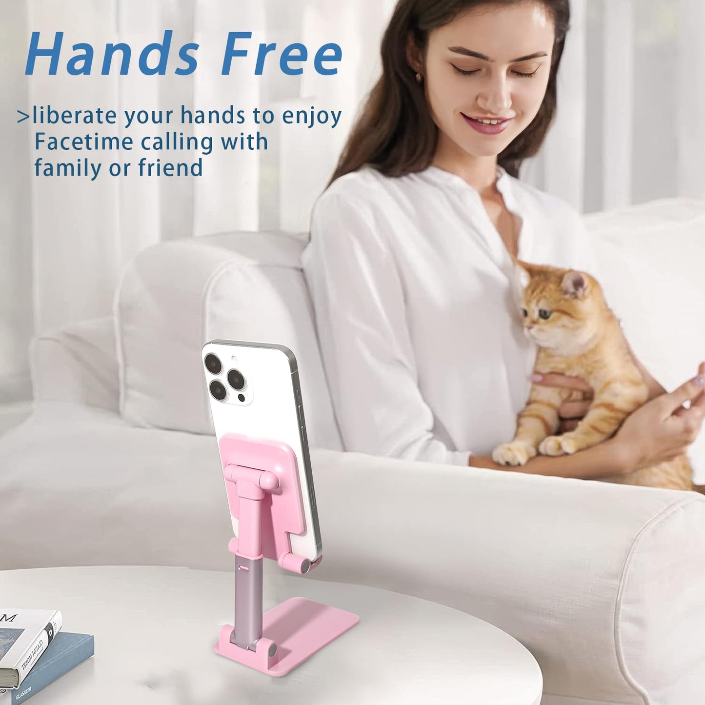 HZZADZXW Cell Phone Stand, Angle Height Adjustable Cell Phone Holder for Desk, Fully Foldable with Silicone Pad, Compatible with iPhone and All Mobile Phones Tablet, Sturdy Weighted Base (Pink)