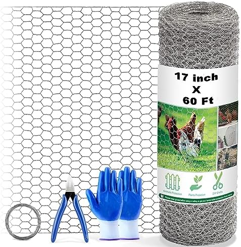 Chicken Wire Fencing Mesh, 17 Inch x 60 Feet Metal Floral Chicken Wire Fence for Crafts Poultry Garden, 0.6 Inch Hexagonal Galvanized Hardware Cloth Netting for Chicken Coop Barrier Rabbit Cage