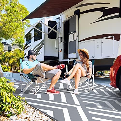 Kohree RV Outdoor Rug 9x12 Reversible, Waterproof Patio Mat with 4 Stakes & UV Fade Resistant, Non-Slip Outdoor Camping Mat for Deck, Picnic, Backyard, Includes Carry Bag (Grey & White)