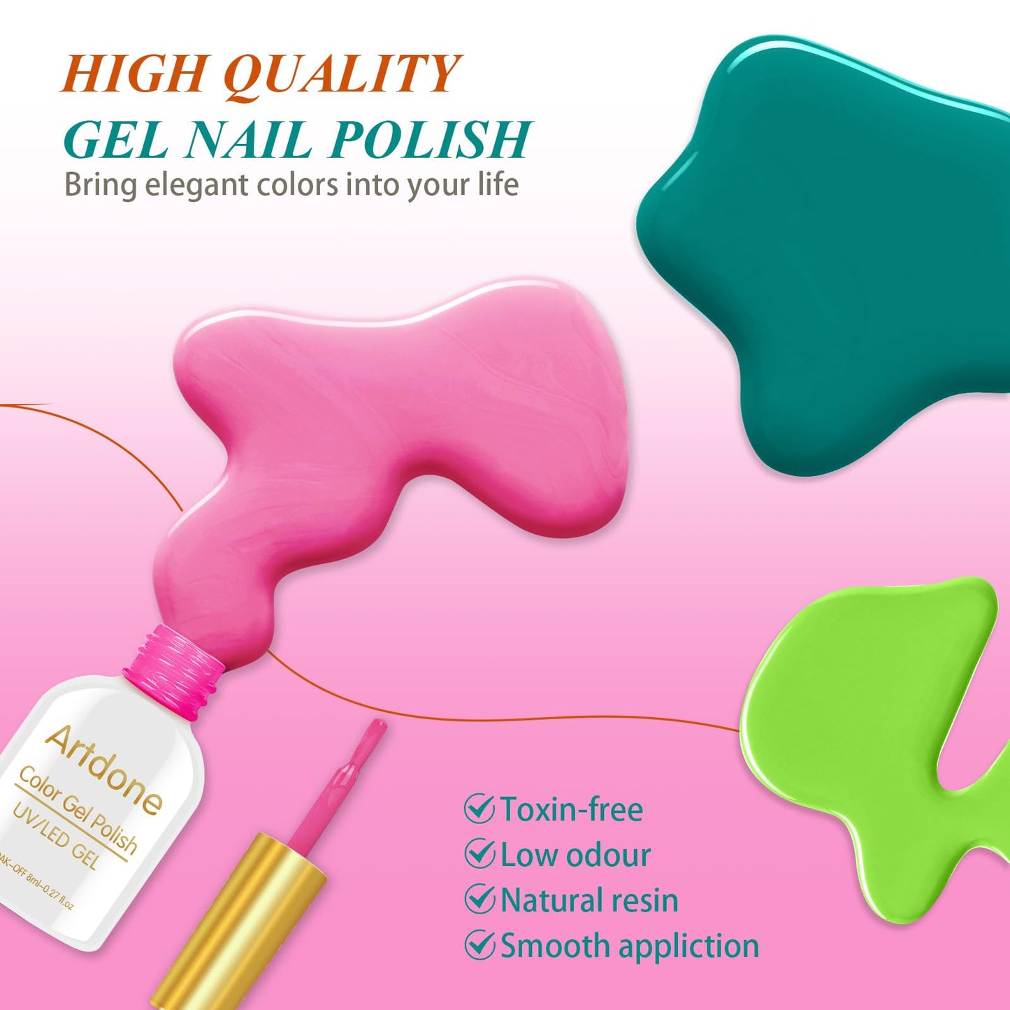 Artdone Transparent Gel Nail Polish Jelly Set - UV Gel 6 Colors Neon Orange Blue Green Pink, Neutral, Soak Off LED Lamp Gel Manicure Kit For Nail Art