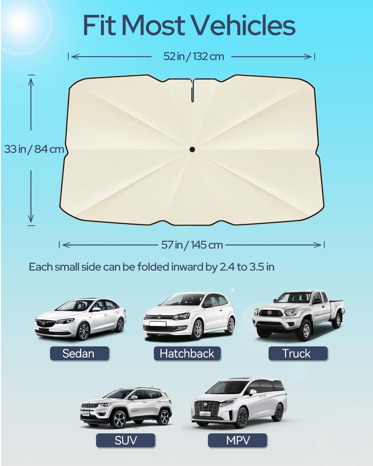 [2025 Upgrade] Retractable Windshield Sun Shade for Car, Umbrella Sunshade for Car Windshield Protect Vehicle from Sun Rays & Heat Damage Medium (57" x 33")