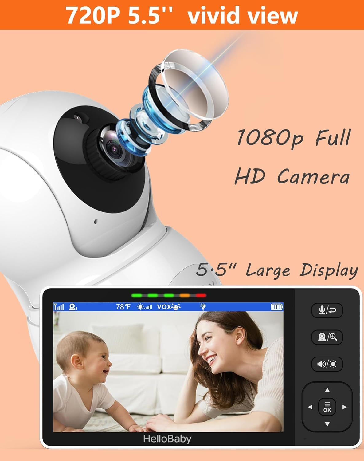 HelloBaby 720P Mountable Baby Monitor with Camera and Audio No WiFi, 5.5'' HD Easy Set Up Video Baby Monitor, Remote Pan Tilt Zoom, Night Light, 4000mAh Battery, 1000ft, 2-Way Audio 1080P Camera