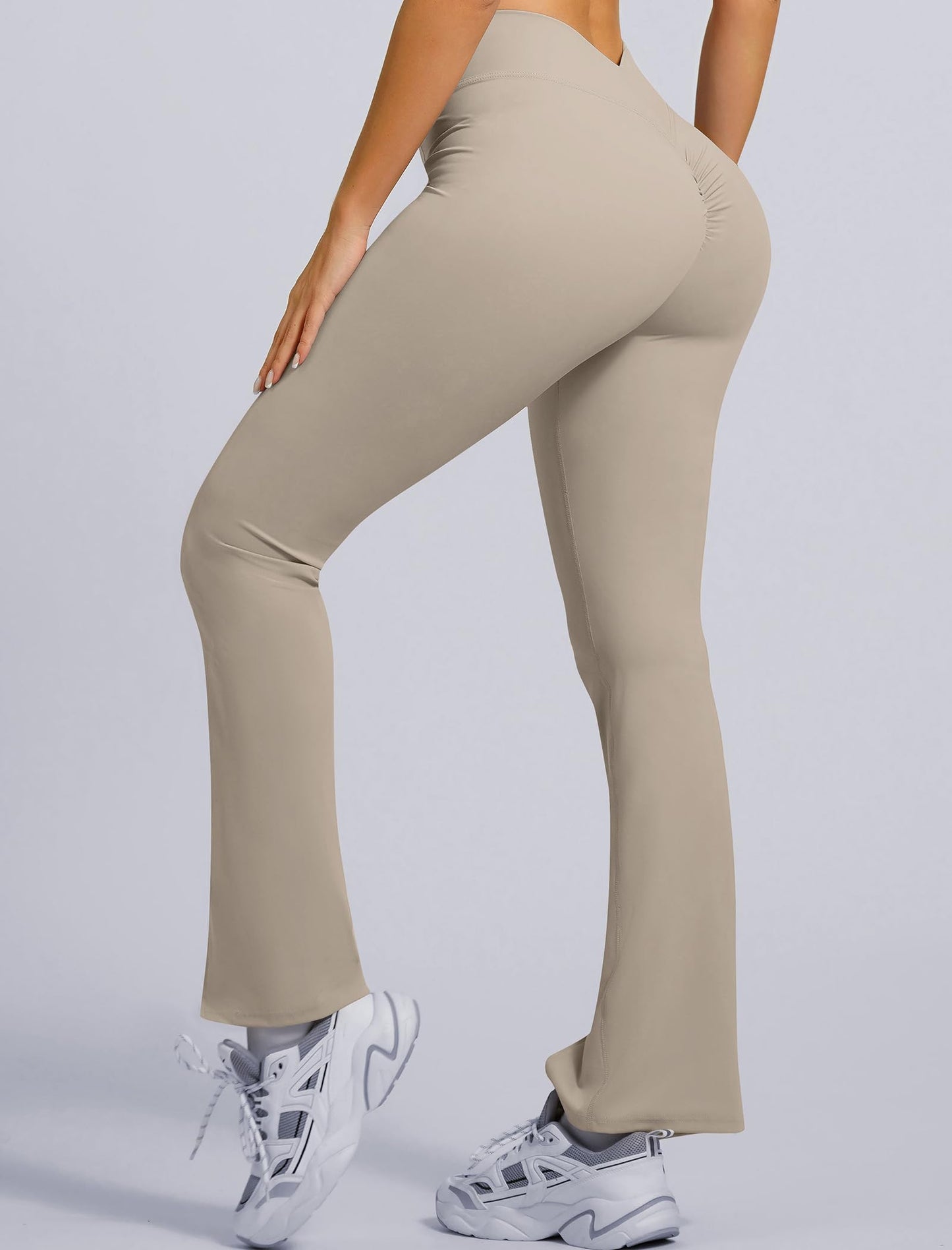 ABOCIW Crossover Flare Leggings for Women V Back Scrunch Butt Lifting Gym Workout Leggings Slipt Hem Wide Leg Bootcut High Waist Yoga Pants Khaki Small