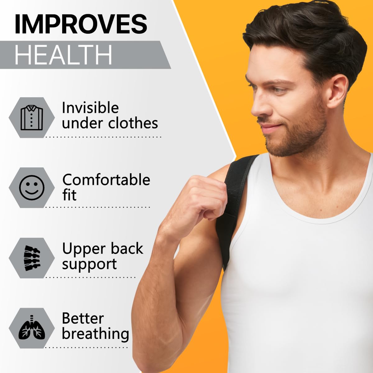 HALLWAY STORIES Adjustable Back Brace Posture Corrector for Women and Men (33-42"), Upper Back and Shoulder Straightener, Relieves Neck and Shoulder Discomfort, Ostomy Belts, Black