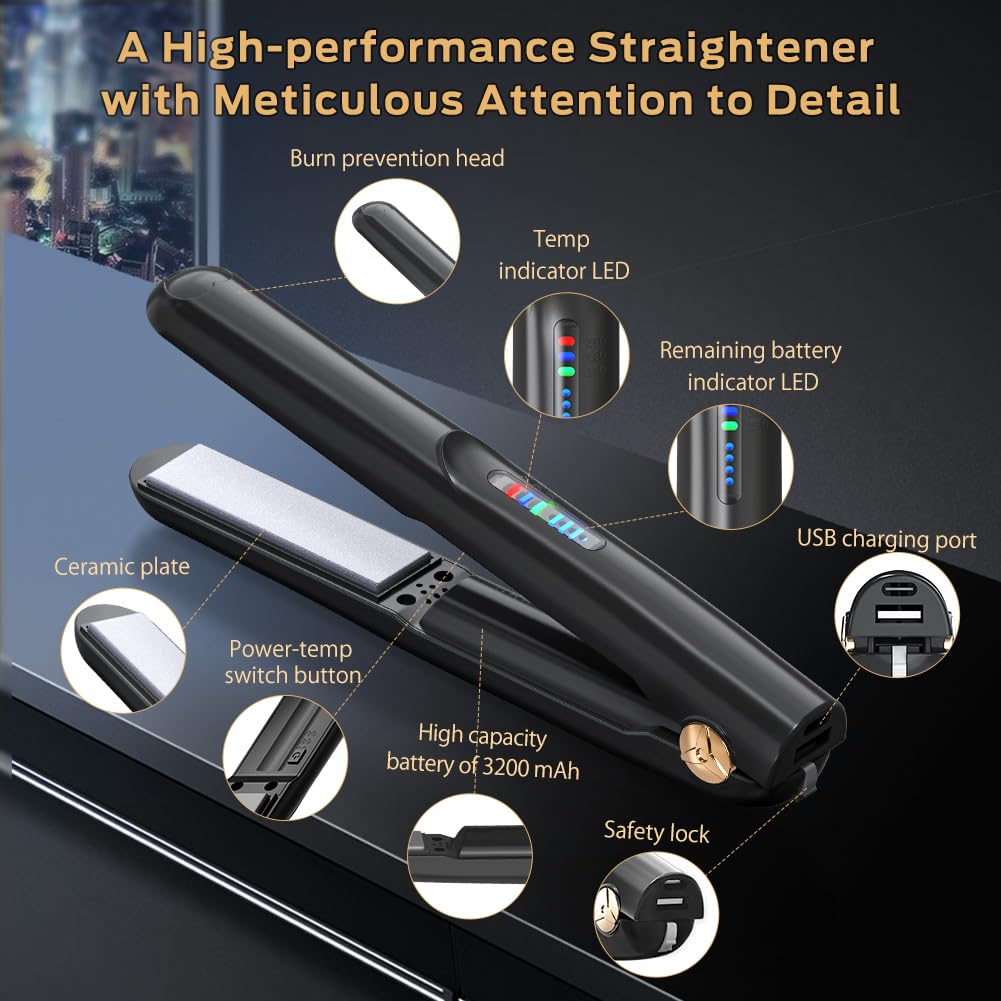 Cordless Hair Straightener and Curler 2 in 1 Ceramic Flat Iron Mini Wireless Portable Travel Hot Tools Straight Curl for Women Men USB Rechargeable with Pouch (Black)