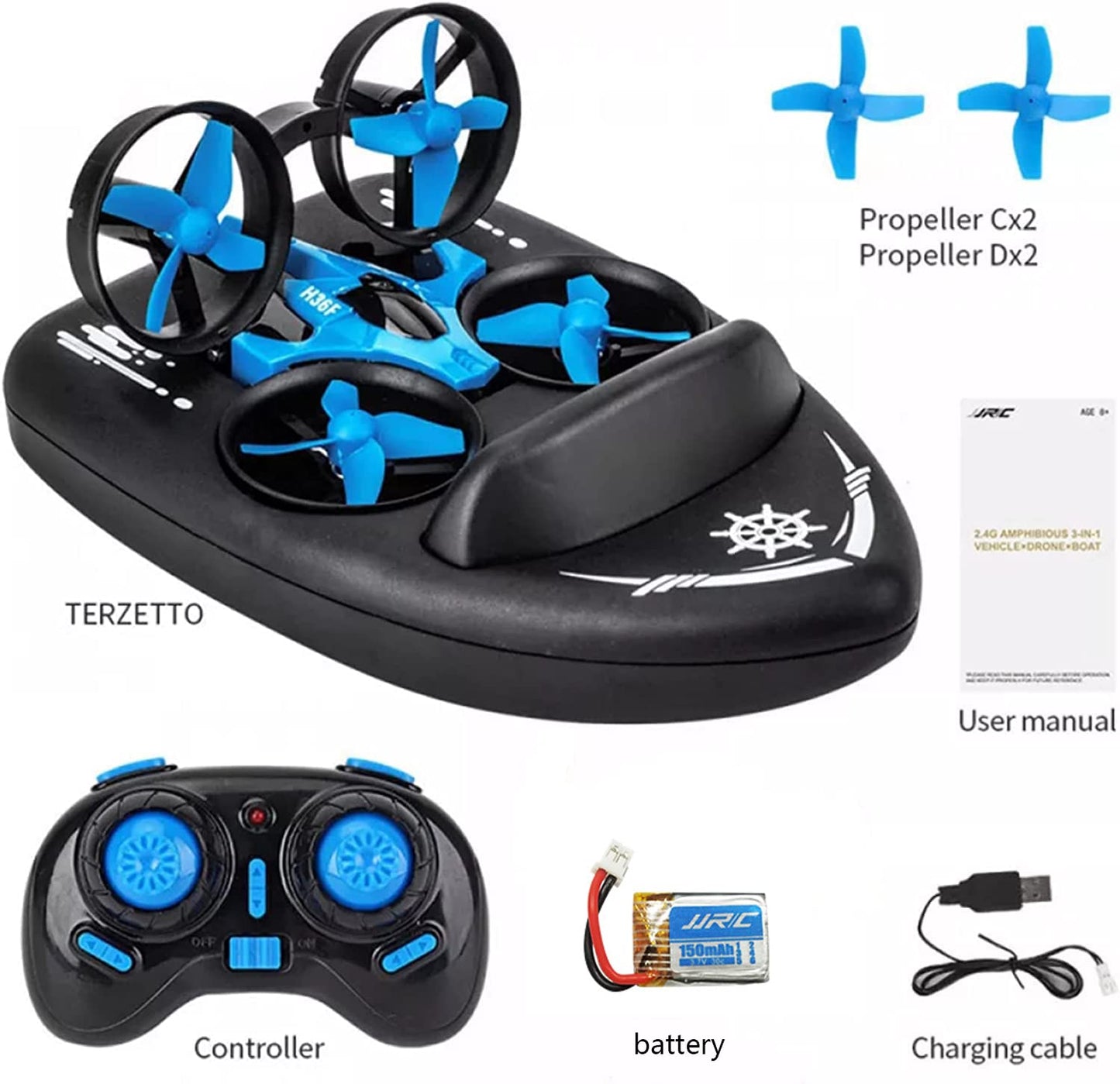 AIROKA H36F Mini Drone for Kid 2.4G Headless Mode 3 in 1 Sea Land Air Flight 4-Axis Quadcopter Boat RC Helicopter for Boys and Girls