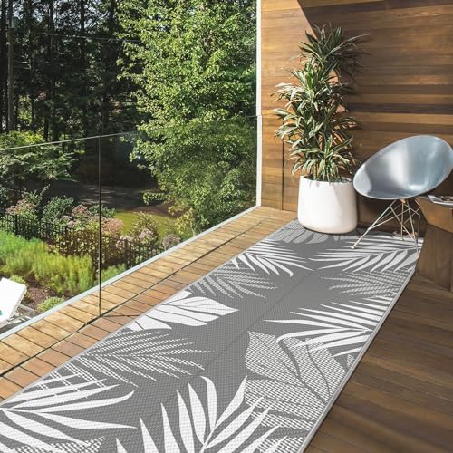 GENIMO Outdoor Rug 2.5' x 8' Waterproof for Patios Clearance, Reversible Outdoor Plastic Straw Hallway Runner Rug Carpet, Entryway Rugs Mats for Deck, Porch, Balcony, Camping, RV, Camper, Grey&White