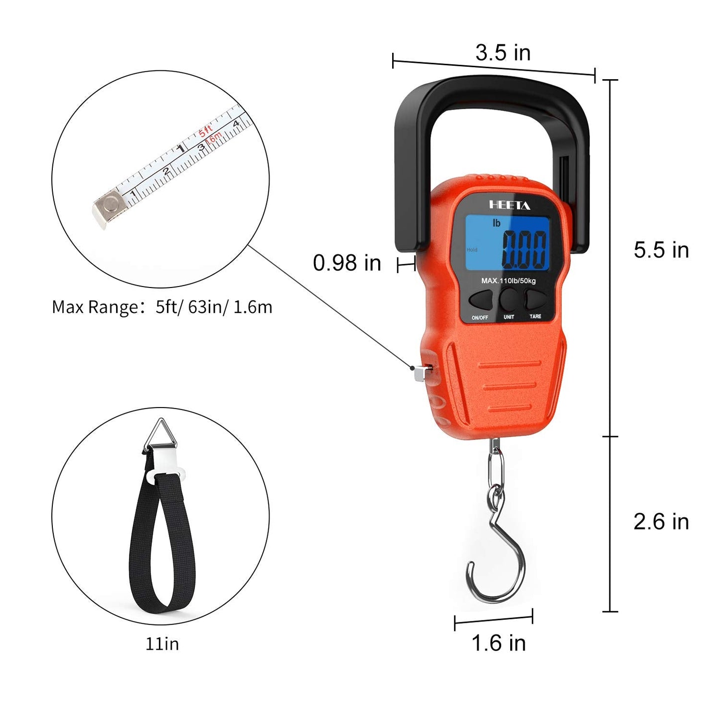HEETA Fish Scale with Backlit LCD Display, Up to 110lb/50kg Digital Portable Hanging Fish Weight Scale with Hook & Measuring Tape for Home, Farm, Outdoor, Hunting, Fishing, 2 AAA Batteries Included