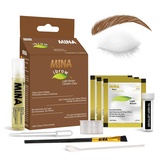 MinaiBrow Instant Hair Dye Kit Light Brown | Natural Spot Coloring Tinting Powder with Nourishing Oil & Brush, Water & Smudge Proof | 100% Grey Coverage Upto 30 Applications