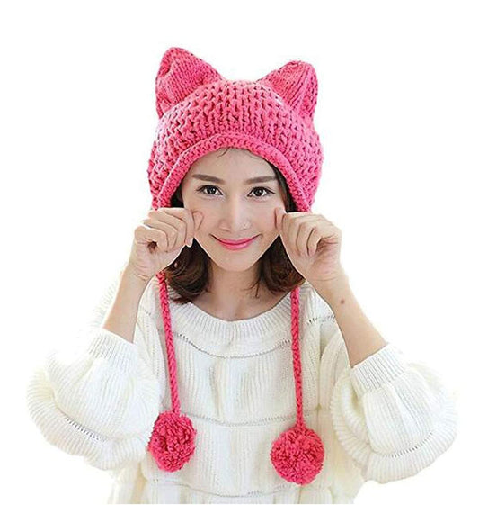 ALLDECOR Winter Handmade Knitted Beanie Hat with Pom Pom Cute Women Pussy Cat Ear Cap