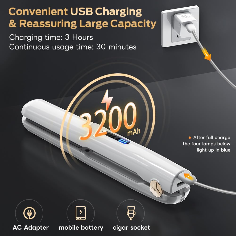 Cordless Hair Straightener and Curler 2 in 1 Ceramic Flat Iron Mini Cordless Portable Travel Hot Tools Straight Curl for Women Men USB Rechargeable with Pouch (White)