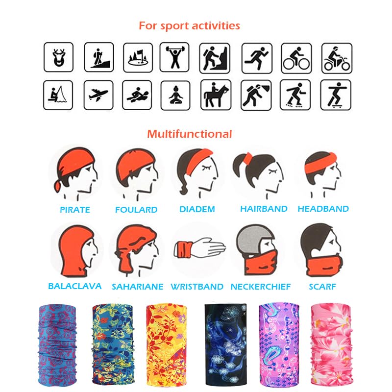 6 Pack Floral Bandanas UV Shield for Face Cover Balaclava Head Buff Scarf Fishing (Flower 2, 6)