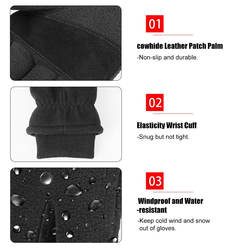 OZERO Winter Gloves Cold Proof Snow Work Thermal Glove Warm Polar Fleece Insulated Artificial Lamb Wool for Women and Men Large Black